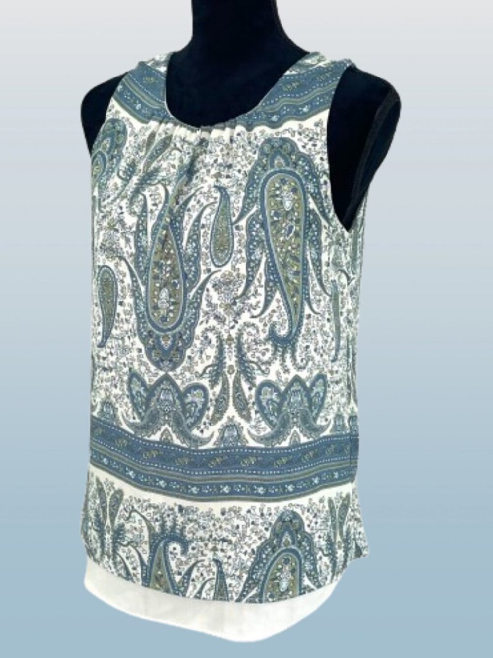 Rose & Olive Split-Back Tank Paisley Dusty blues Off-white and Sage SMALL